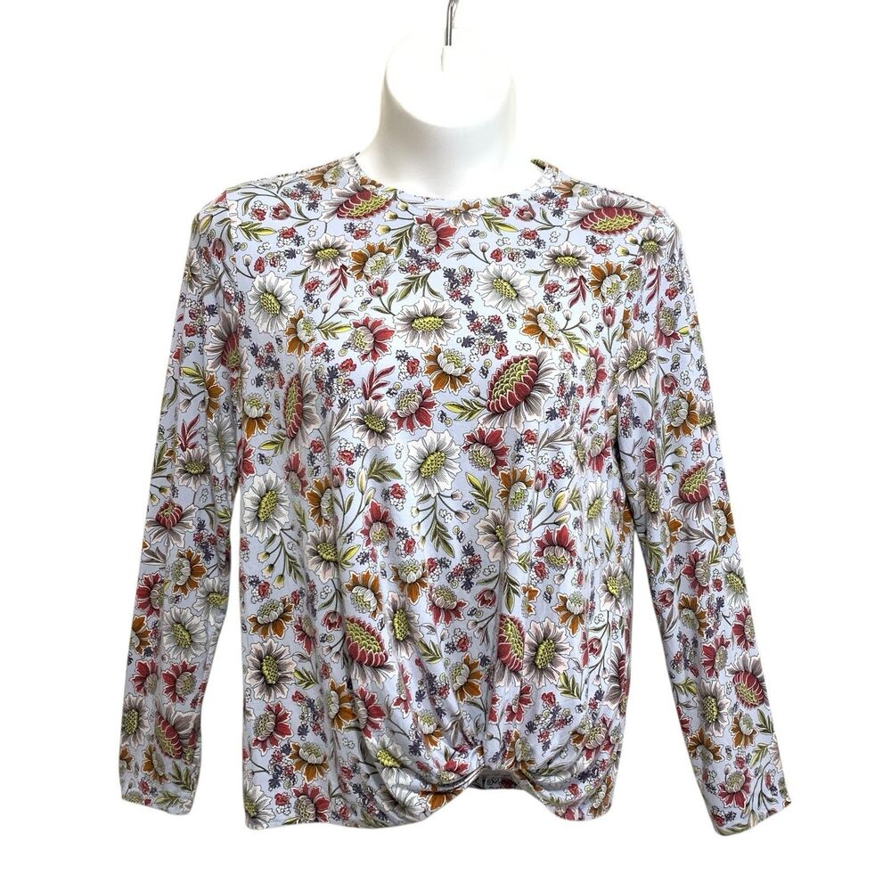 Loft Knit Top Women's Size XL Blue Multicolor Floral Long Sleeve Twist Front Hem